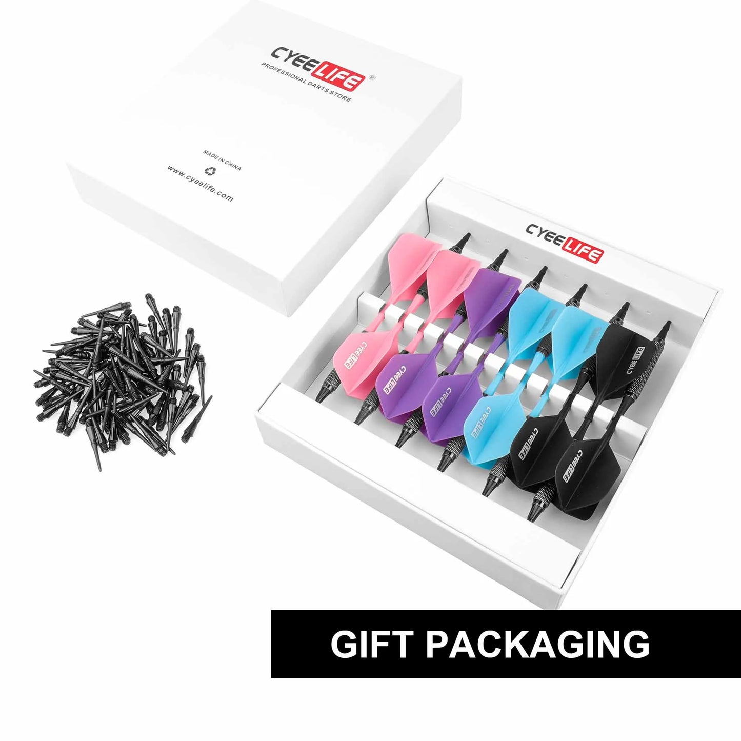 CyeeLife 12/14g Soft tip darts set 12 Packs with 4 Colors one piece Flights,100 plastic points(4 Colors each 25pcs)