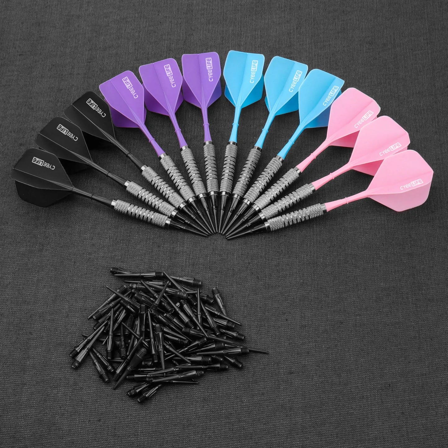 CyeeLife 12/14g Soft tip darts set 12 Packs with 4 Colors one piece Flights,100 plastic points(4 Colors each 25pcs)