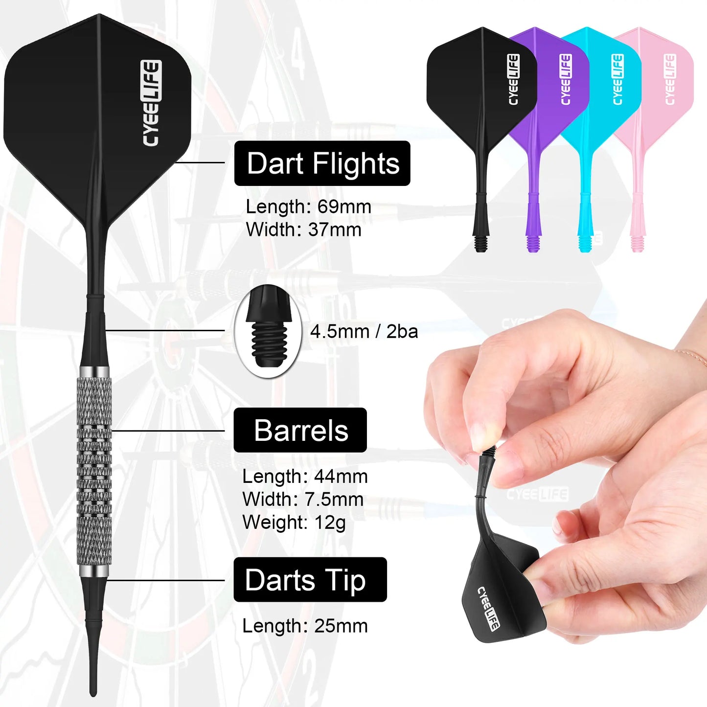 CyeeLife 12/14g Soft tip darts set 12 Packs with 4 Colors one piece Flights,100 plastic points(4 Colors each 25pcs)