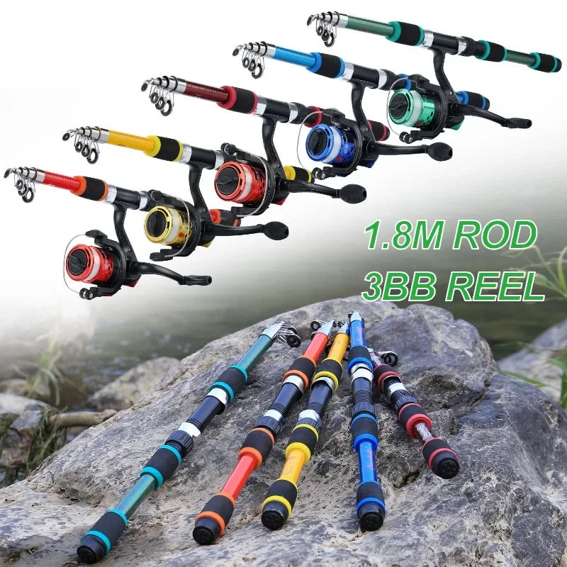 Spinning Fishing Rod and Reel Combo1.8M Telescopic Rod with 5.2:1 3BB Fishign Reel Max Drag 5kg Fishing Kit